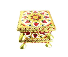 Rajasthani HAAT and Craft Set of 2 Pooja CHOWKI Pooja with MEENAKRI Work Metal Legs Flower Pattern (Multicolor)-thumb2