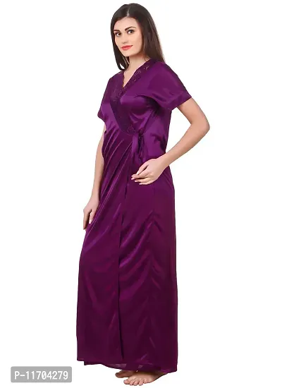 Elegant Purple Satin Solid 2Pcs Nighty With Wrap Gown For Women-thumb3