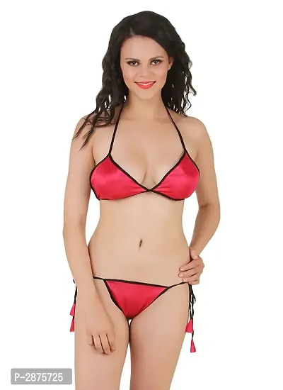 Red Satin Solid Lingerie Set-thumb0