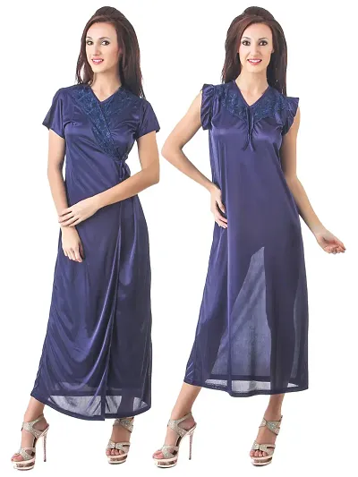 Women Satin Nightwear Sleepwear 2 PCs Set of Nighty, Robe, S