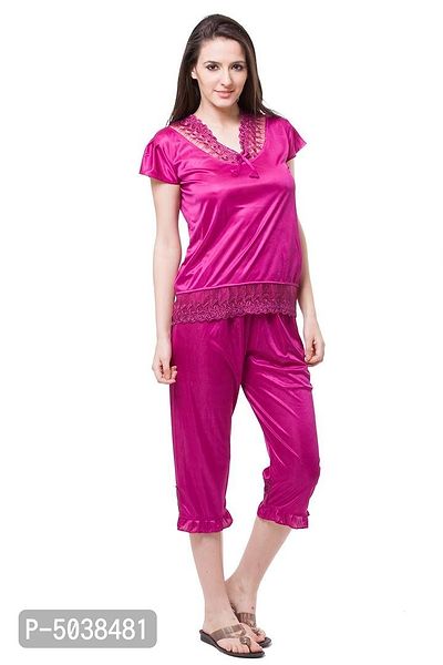 women satin nighwear nightsuits solid top and capry set