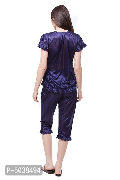 women satin nighwear nightsuits solid top and capry set-thumb3