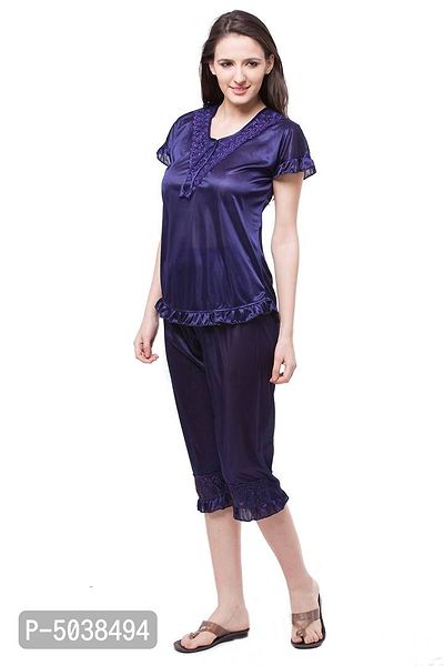 women satin nighwear nightsuits solid top and capry set-thumb2