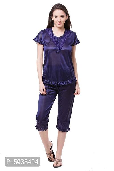 women satin nighwear nightsuits solid top and capry set-thumb0