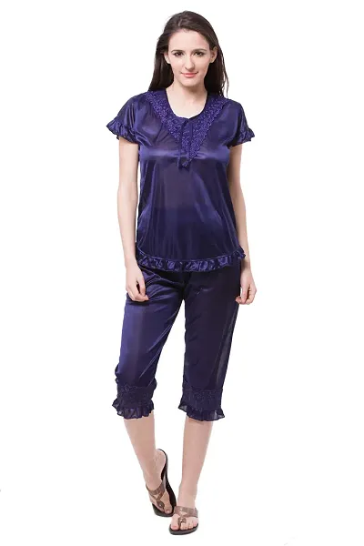 Fasense Satin Solid Top with Capri Nightsuit