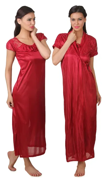 Women Satin Nightwear Sleepwear 2 PCs Set Of Nighty Robe, D