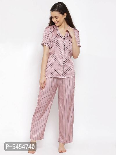 women Satin Polka  Stripes Night Suit Top  Pyjama Set-thumb0