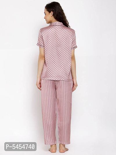 women Satin Polka  Stripes Night Suit Top  Pyjama Set-thumb3
