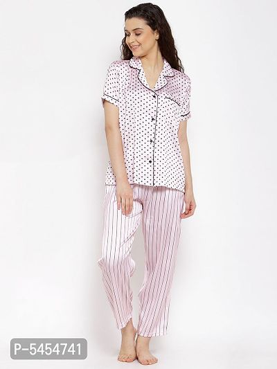 women Satin Polka  Stripes Night Suit Top  Pyjama Set