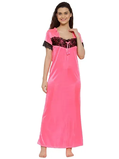 Women Lycra Satin Solid Nightwear Long Nighty