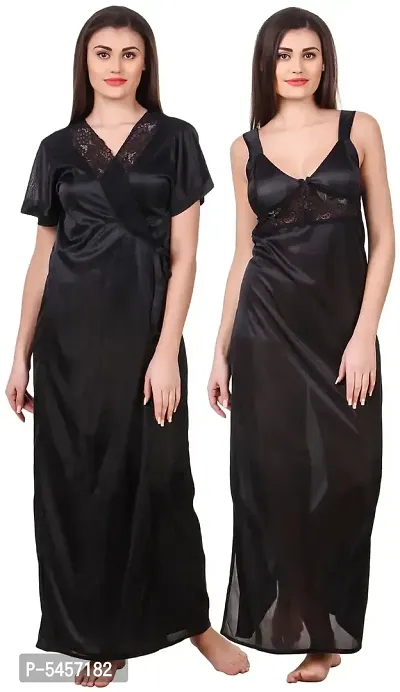Women Satin Nightwear Sleepwear 2 Pcs Set Of Nighty  Wrap Gown
