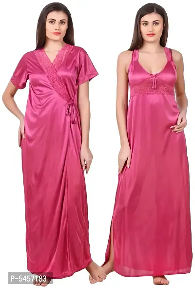 Women Satin Nightwear Sleepwear 2 Pcs Set Of Nighty  Wrap Gown