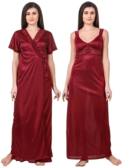 Fancy Satin 2 Pcs Set Of Nighty & Wrap Gown