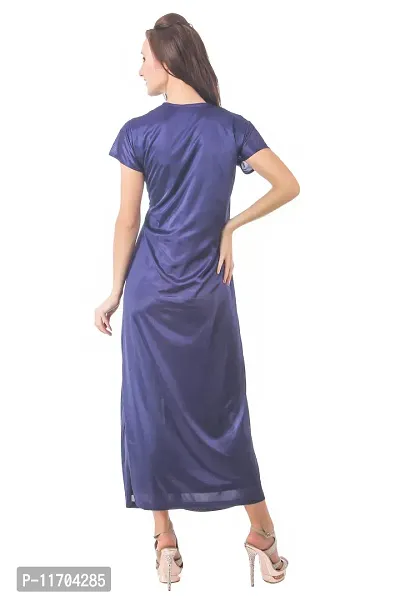 Elegant Navy Blue Satin Solid Nighty For Women-thumb2