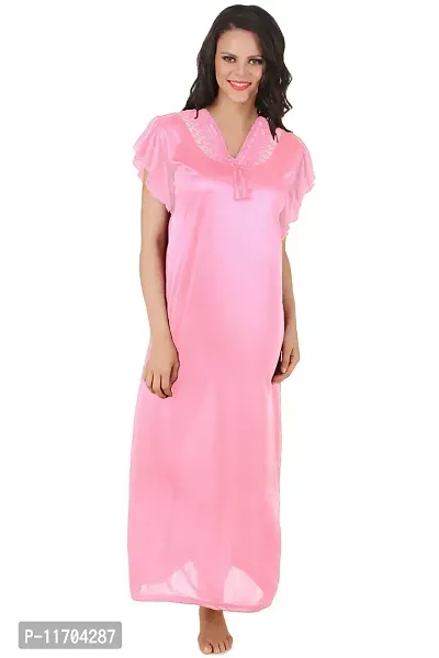 Elegant Pink Satin Solid Nighty For Women