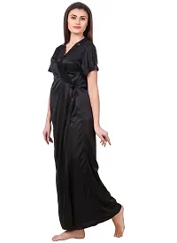 Elegant Black Satin Solid 2Pcs Nighty With Wrap Gown For Women-thumb2