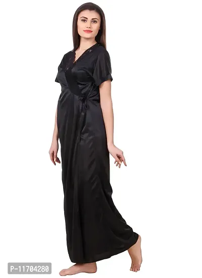 Elegant Black Satin Solid 2Pcs Nighty With Wrap Gown For Women-thumb3