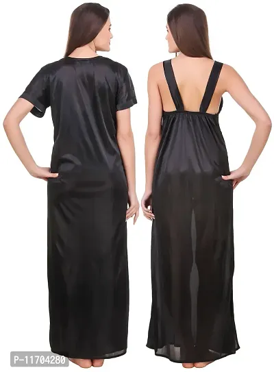 Elegant Black Satin Solid 2Pcs Nighty With Wrap Gown For Women-thumb2