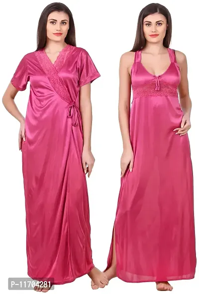 Elegant Pink Satin Solid 2Pcs Nighty With Wrap Gown For Women