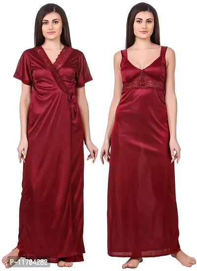 Elegant Maroon Satin Solid 2Pcs Nighty With Wrap Gown For Women