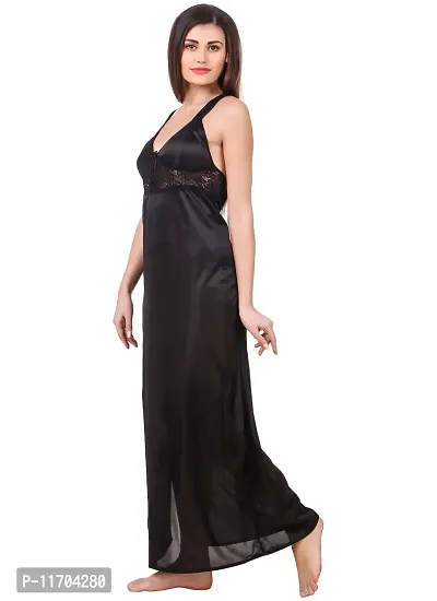 Elegant Black Satin Solid 2Pcs Nighty With Wrap Gown For Women-thumb4