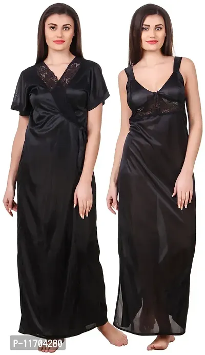 Elegant Black Satin Solid 2Pcs Nighty With Wrap Gown For Women