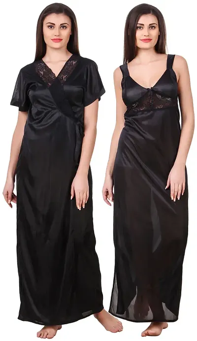 Women Satin Nightwear Sleepwear 2 Pcs Set Of Nighty Wrap Gown