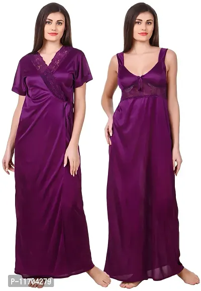 Elegant Purple Satin Solid 2Pcs Nighty With Wrap Gown For Women-thumb0