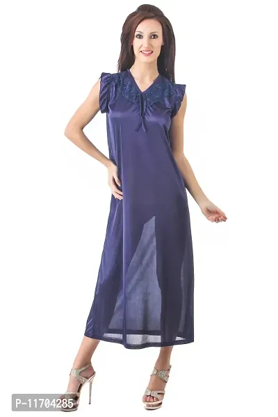 Elegant Navy Blue Satin Solid Nighty For Women-thumb0