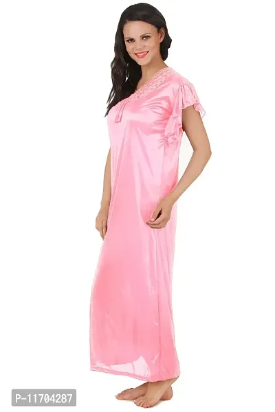 Elegant Pink Satin Solid Nighty For Women-thumb2