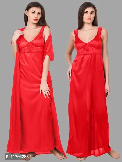 Elegant Maroon Satin Solid 2Pcs Nighty With Wrap Gown For Women