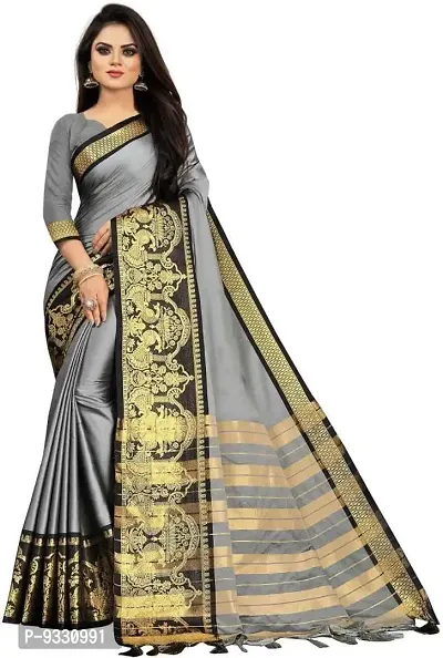 Paramparik Textile | Women's Kanchipuram Silk Saree | Silk Saree Pure Paithani | Style With Blouse Piece (GRY)-thumb0