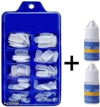Artificial Nails Set Acrylic Fake false Nails Set Of 100 Pcs Artificial Nails With 2 pcs Nail Glue White (Pack of 102)-thumb0