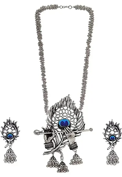 Women Krishna Murli Style Jewellery Krishna Flute Feather Pendant Necklace With Jhumki Jewellery Set,