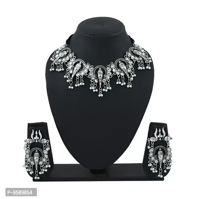 Oxidised Silver Brass Ganesha designed Necklace Choker Jewellery Set for women  Girls-thumb0