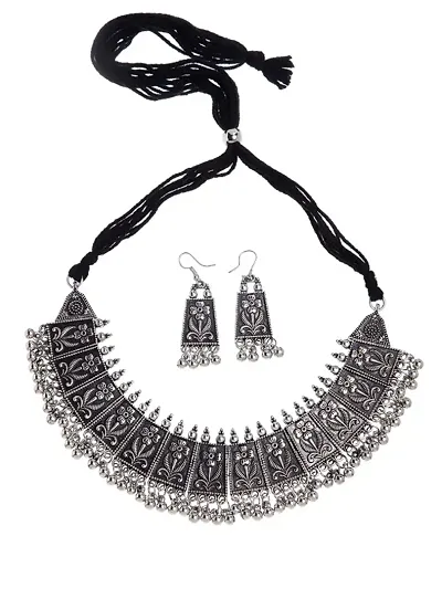 Latest Traditional Oxidised Silver Black Necklace Jewellery Set for Women  Girls