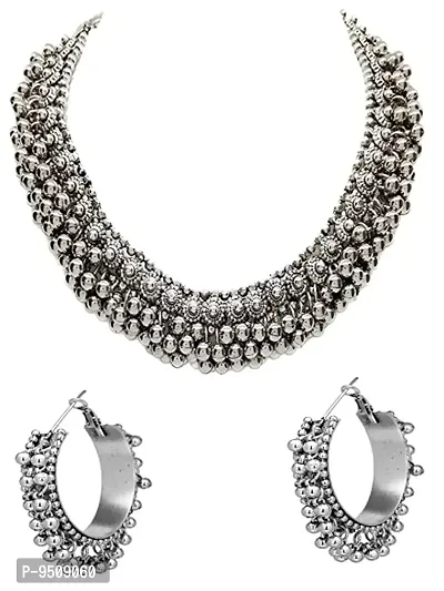 Oxidized Choker Necklace Set With Earrings for Girls  Women-thumb0