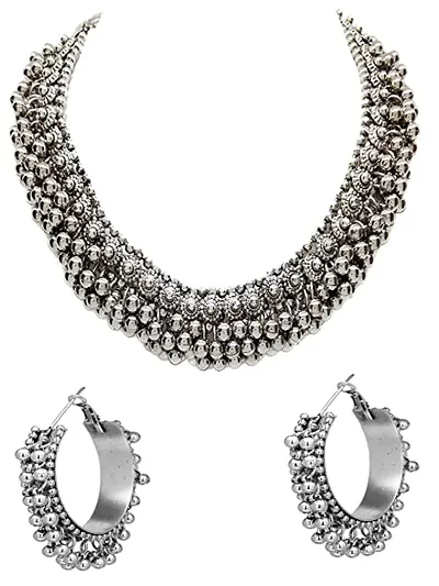 Oxidized Choker Necklace Set With Earrings for Girls  Women