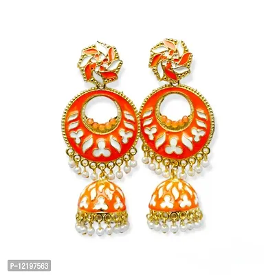 Floral Drop Style Hoop Jhumkas/Earrings Orange Colour for Women and Girls-thumb0