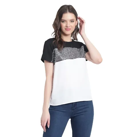 WELL SPENT Women&rsquo;s Casual Regular fit Short Sleeve Colorblocked Black, White Top