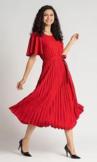 Lebeauti Women's Crepe Pleated Bell Sleeves with Belt Knee Length One Piece Western Dresses for Women|Stylish Latest Dresses|A Line Party Dress for Girls_Wine-thumb2