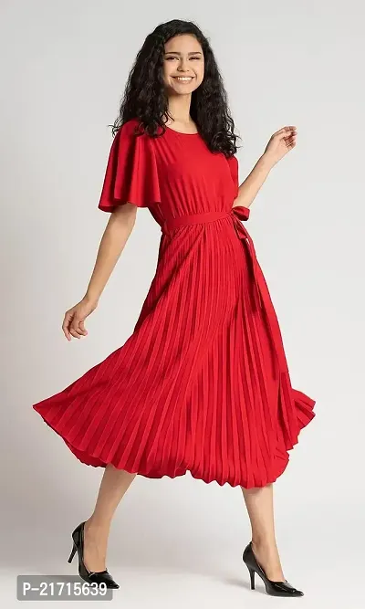 Lebeauti Women's Crepe Pleated Bell Sleeves with Belt Knee Length One Piece Western Dresses for Women|Stylish Latest Dresses|A Line Party Dress for Girls_Wine-thumb3