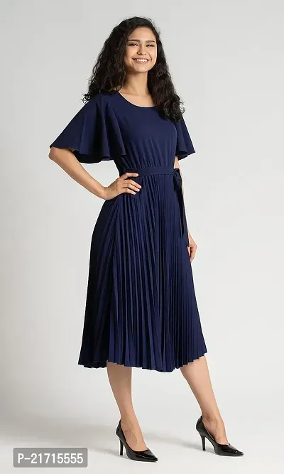 Lebeauti Women's Crepe Pleated Bell Sleeves with Belt Knee Length One Piece Western Dresses for Women|Stylish Latest Dresses|A Line Dress for Girls|Gown|Party Dress-thumb3