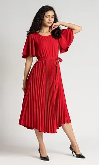 Lebeauti Women's Crepe Pleated Bell Sleeves with Belt Knee Length One Piece Western Dresses for Women|Stylish Latest Dresses|A Line Party Dress for Girls_Wine-thumb4