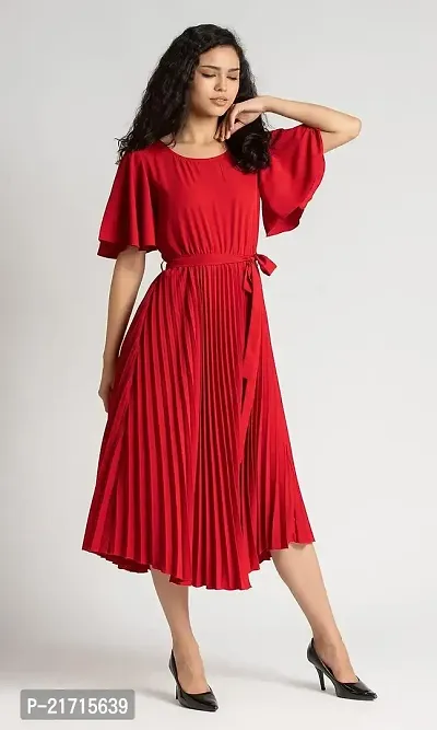 Lebeauti Women's Crepe Pleated Bell Sleeves with Belt Knee Length One Piece Western Dresses for Women|Stylish Latest Dresses|A Line Party Dress for Girls_Wine-thumb5