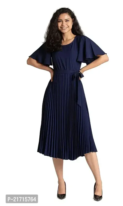 Lebeauti Women's Crepe Pleated Bell Sleeves with Belt Knee Length One Piece Western Dresses for Women|Stylish Latest Dresses|A Line Party Dress for Girls-thumb0