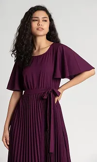 Lebeauti Women's Crepe Pleated Bell Sleeves with Belt Knee Length One Piece Western Dresses for Women|Stylish Latest Dresses|A Line Dress for Girls|Gown|Party Dress-thumb3