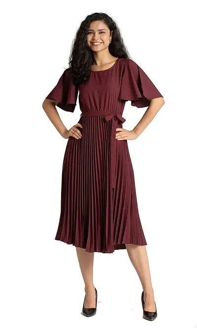 Lebeauti Women's Crepe Pleated Bell Sleeves with Belt Knee Length One Piece Western Dresses for Women|Stylish Latest Dresses|A Line Dress for Girls|Gown|Party Dress