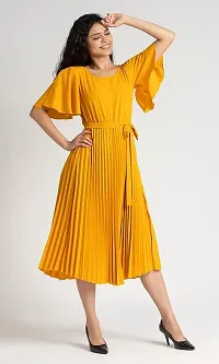 Lebeauti Women's Crepe Pleated Bell Sleeves with Belt Knee Length One Piece Western Dresses for Women|Stylish Latest Dresses|A Line Dress for Girls|Gown|Party Dress-thumb3