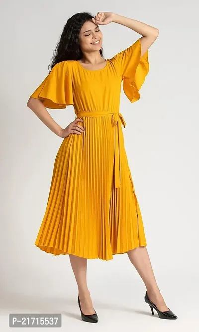 Lebeauti Women's Crepe Pleated Bell Sleeves with Belt Knee Length One Piece Western Dresses for Women|Stylish Latest Dresses|A Line Dress for Girls|Gown|Party Dress-thumb4